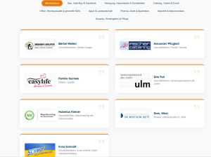 Referenzenseite von MomoZeit mit Branchenfiltern und Testimonial-Kacheln von Kunden aus Handwerk, Reinigung, Catering, Pharma, Industrie und weiteren Branchen.