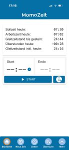Startoberfläche der MomoZeit-App mit Übersicht zu Sollzeit, Arbeitszeit, Gleitzeitstand und Überstunden sowie Start-Button für die Zeiterfassung.